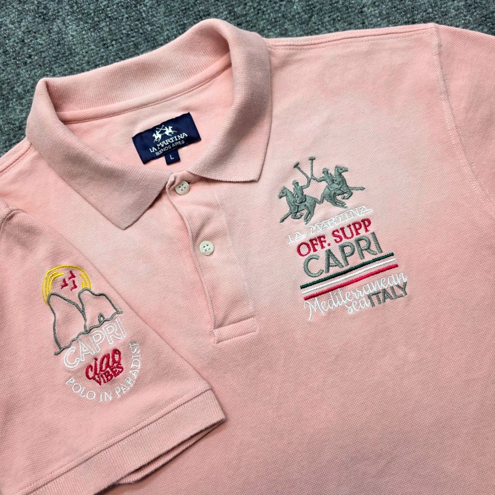 La Martina Mens Large Capri Mediterranean Sea Italy Polo Shirt Pink Cotton Crest